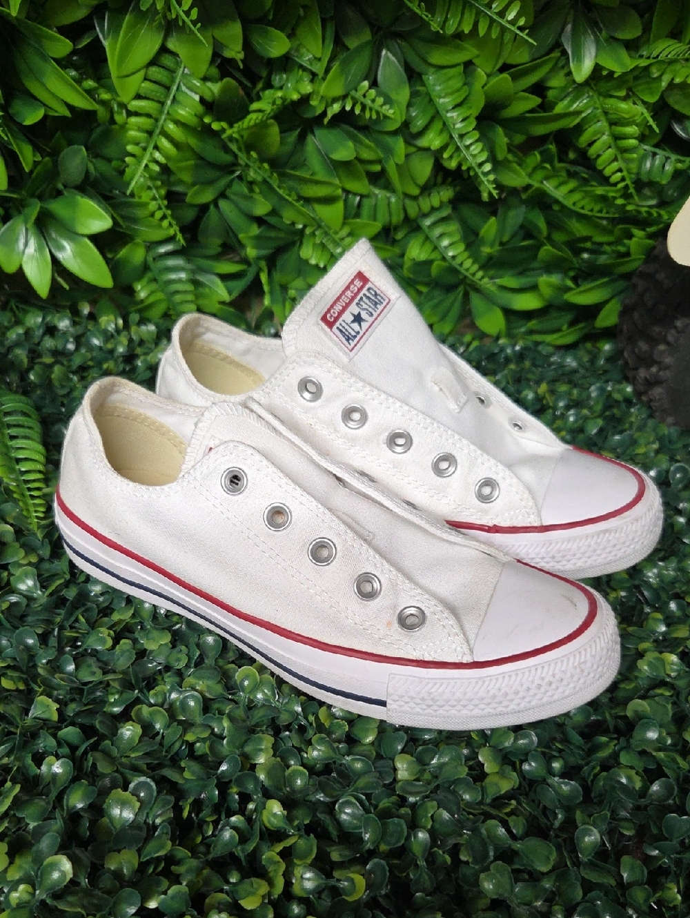 Converse Kids White Low-Top Slip-On Sneakers with Red and Navy Trim